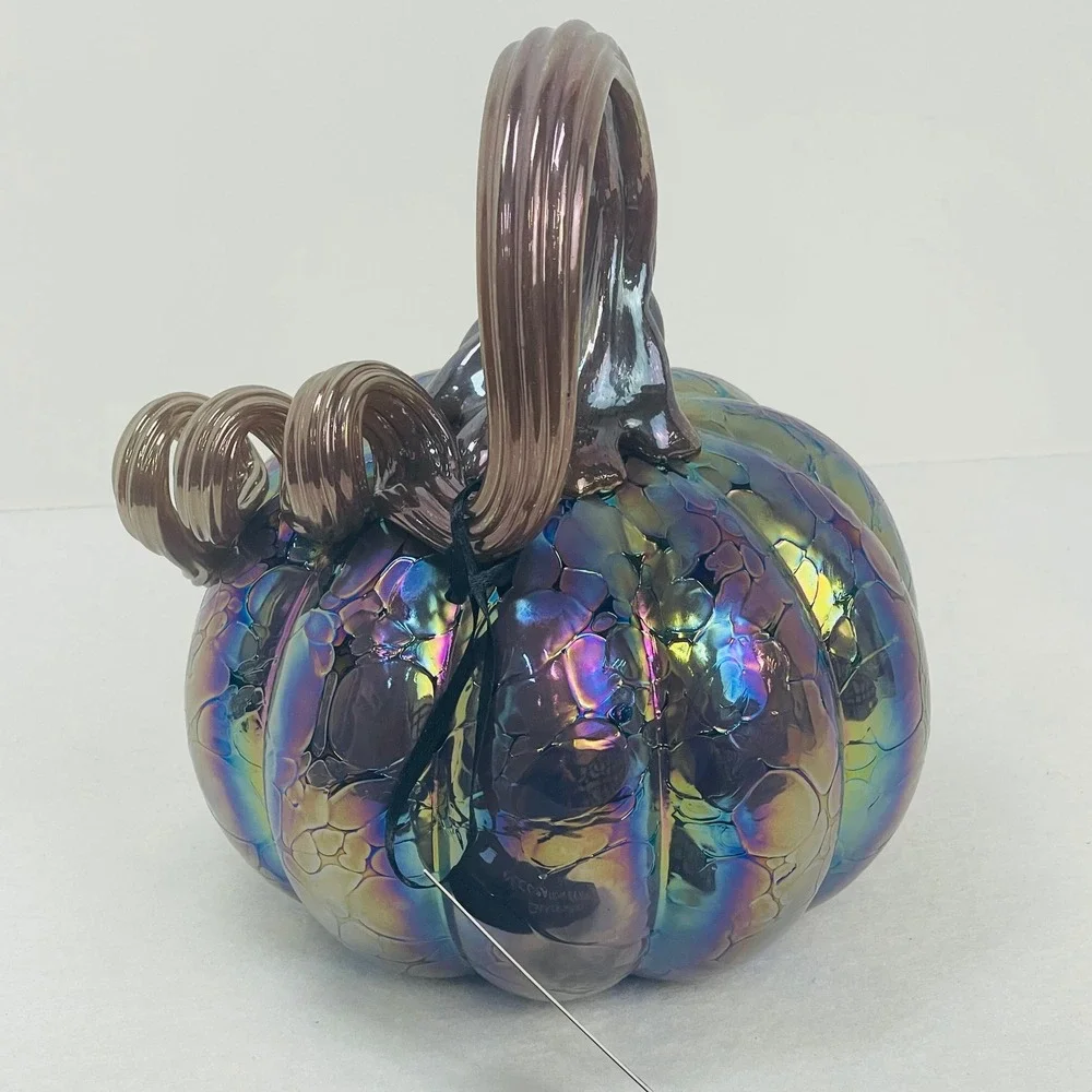 Tahari Home Iridescent Glass Pumpkin Oil Slick Rainbow Bubble Decor 7.5 Inch NEW